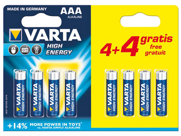 Varta LR03 - 1.5 V AAA Alkaline Battery - 8 Unit Blister Pack -  4008496568857