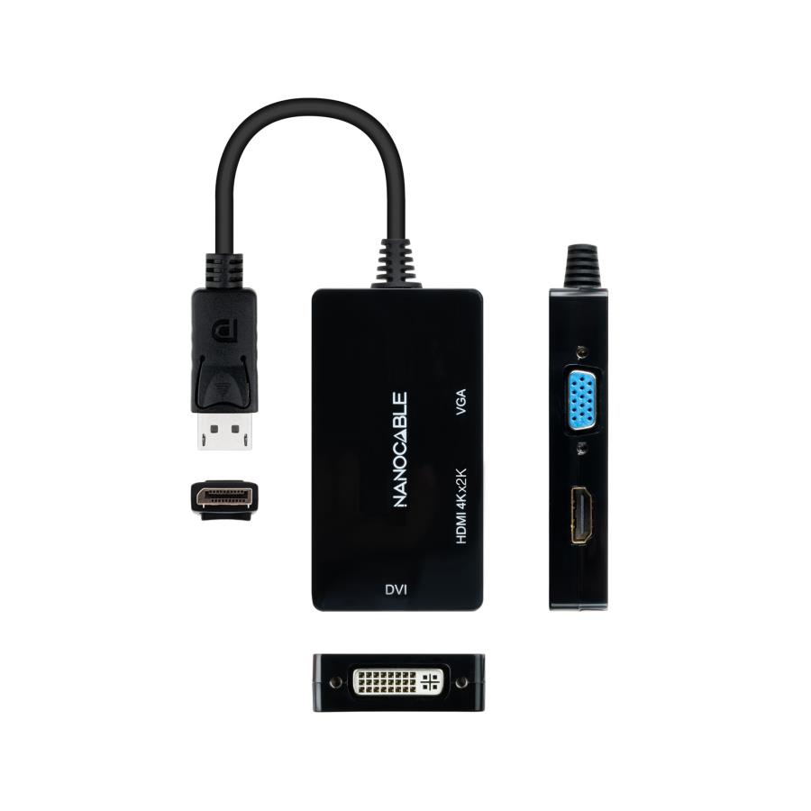 Nanocable 10.16.3301-BK - Convertidor de video Displayport macho a HDMI hembra / DVI hembra / VGA hembra - 15 cm