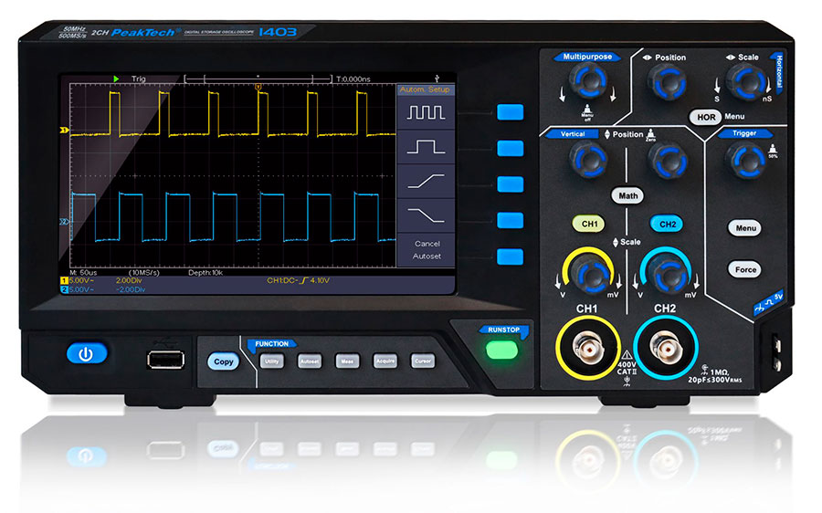 PeakTech P1403 - Oscilloscope numérique 2 voies 50 MHz, 500 MS/s